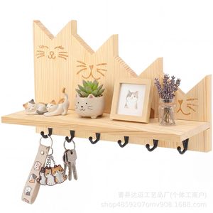 Wooden Cat Wall Shelf With Hooks Storage Rack For Keys Coats Towels Living Room Entrance <b>Door</b> Mount - Product Image 2