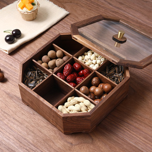 Boîte à fruits secs en bois avec couvercle, 6 compartiments, rangement multifonction pour collations, noix, bonbons, plateau de service, utilisation dans le salon - Product Image 1