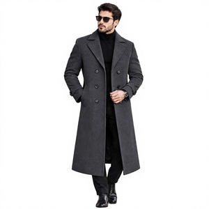 Manteau long en laine pour homme, double boutonnage, revers cranté, épais, pour l'hiver, classique, gris anthracite, style trench-coat formel pour affaires - Product Image 1