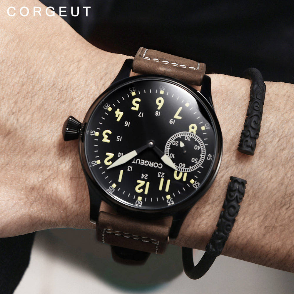 Hot Sale Corgeut Men's Manual Mechanical Watches 44mm Black Dial