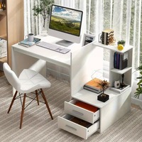 Bureau d'ordinateur compact moderne en bois blanc avec 2 tiroirs et étagère d'angle pour bureau à domicile