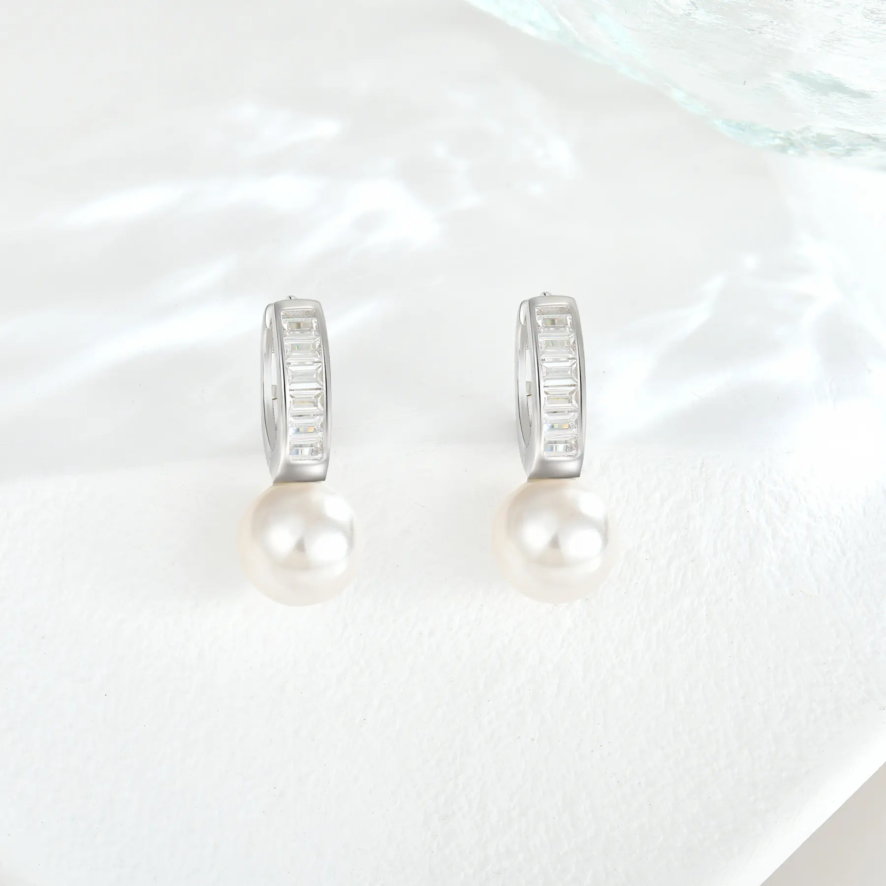 French Elegant 925 Sterling Silver Pearl Hoop Earrings Zircon Wedding Jewelry White Shell Pearl Drop Earrings