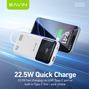 BAVIN Atacado PC1170S 10000 Mah 22.5W Dual Cabos Embutidos Banco de Potência do Telefone Móvel com Display Digital LED - Product Image 3