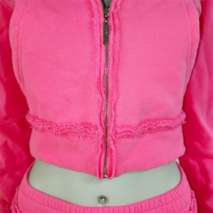 New Street Wear Custom pink Women <b>Zip</b> <b>up</b> <b>Cropped</b> Hoodie and Sewatpants Set Embroidery Patch logo Tracksuit Jog Sweatsuit Women - Product Image 5