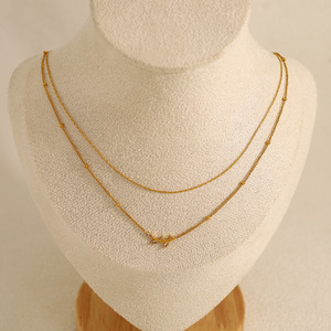 Minimalist 18K Gold Plated Stainless Steel Double Chain <strong>Necklace</strong> Trendy <strong>Olive</strong> <strong>Leaf</strong> Zircon Pendant Anti-Allergy Beaded Parties - Product Image 3