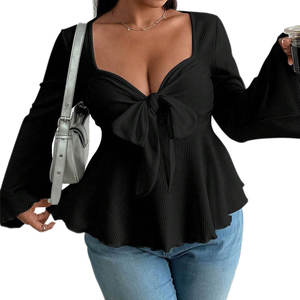 Nueva Camiseta Sexy <span class=keywords><strong>de</strong></span> Talla Grande para Mujer, Corte Ajustado, Cuello en V, Transpirable, Primavera-Verano, Manga Larga con Volantes y Cintura Ajustable con Cordones - Product Image 5