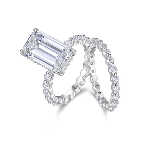 Gioielli Raffinati in <span class=keywords><strong>Argento</strong></span> <span class=keywords><strong>925</strong></span> con Moissanite Taglio Smeraldo Colore D, Set di Anelli di Lusso con Incastonatura Pavé Placcati in Oro Bianco per Matrimoni Femminili - Product Image 5