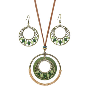 Ensemble collier et boucles d'oreilles bohèmes, pendentif géométrique en alliage vert, ensemble de bijoux tendance pour femmes - Product Image 5