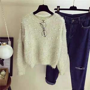 <span class=keywords><strong>Pull</strong></span> court en maille à col rond pour femme, orné de perles et de pompons, style décontracté et tendance, chaud pour l'automne et l'hiver - Product Image 5