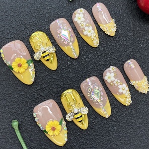Lot de 10 faux ongles français à presser, faits main, pré-dessinés, en gel souple 3D, motif floral, peints à la main, en acrylique épais – Vente en gros - Product Image 4