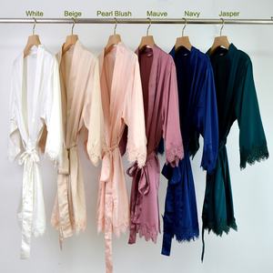 روب كيمونو مخصص للزفاف وحفلات أعياد الميلاد والسبا ووصيفات العروس، مزين بالدانتيل، بلون واحد، من الحرير الساتان المطفي - Product Image 4