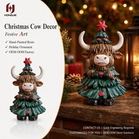 Figurine Sapi Highland di Pohon Natal, Ornamen Hewan Resin untuk Meja, Dekorasi Liburan Lukis Tangan untuk Rumah, Kantor, Perapian, Hadiah