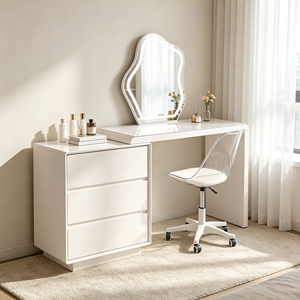 Ensemble de coiffeuse extensible blanc mat avec miroir LED nuage irrégulier, commode à 3 tiroirs, chaise de bureau transparente à roulettes et bureau de maquillage pour chambre - Product Image 4