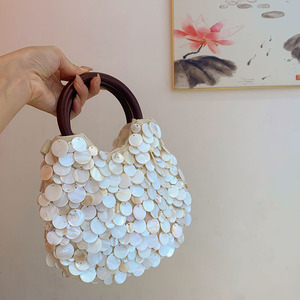 Luxo Puramente Handmade Shell Handbag Ins Tecido Saco Shell Bordado Tote Bucket <span class=keywords><strong>Bag</strong></span> <span class=keywords><strong>Round</strong></span> Wooden Handle Evening Clutch <span class=keywords><strong>Bag</strong></span> - Product Image 2