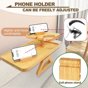 Eco-Friendly Foldable Bamboo Double Layer Sofa Couch Armrest Tray Table With Cup Holder And Phone Holder For Eating Drinks Snack