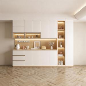 Buffet moderne à LED avec étagères ouvertes et tiroirs, vitrine blanche sans poignées pour salon, personnalisable - Product Image 1