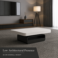 Table basse contemporaine avec surface blanche arrondie et base noire pour salon 110 x 60 x 42 cm