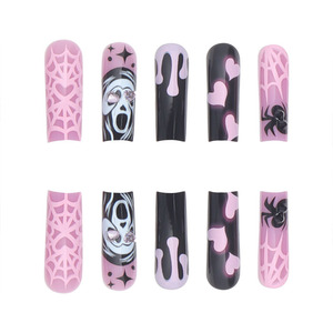24 faux ongles en amande moyenne à presser, motif fantôme d'Halloween, noir et blanc, visage de fantôme effrayant, pour fête costumée d'Halloween - Product Image 5