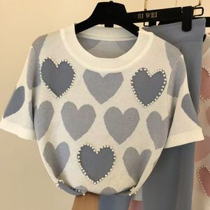 Stock disponible pulls pour femmes manches courtes doux col rond femmes costumes couleur bloc amour motif cordon pull - Product Image 5