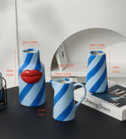 Set Vas Keramik 3D Lip Blue Light Blue Pop Art, 3 buah, Dekorasi Unik Bergaris untuk Rumah atau Kantor Modern, Hadiah Minimalis