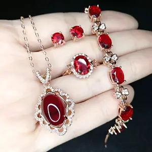 Wholesale Ruby Bridal Jewelry Sets Rose Gold Plated Crystal Pendant Necklace Earrings Rings Bracelets for Wedding Engagement