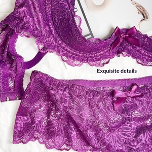 Lencería Sexy de Encaje Morado, Diseño Push-Up, Realza los Bustos Pequeños, Copas con Aros, Copas Acolchadas, Tela Transparente de Grado Alimenticio - Product Image 3
