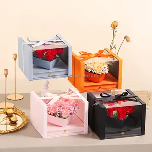 2022 새로운 도착 서랍 유형 더블 레이어 투명 상단 심장 모양 꽃 포장 선물 상자 리본 장식