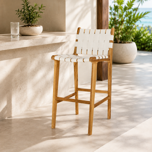 Modern <b>Wooden</b> Bar Stool With <b>White</b> Woven Faux Leather Seat And Backrest Coastal Design Outdoor Furniture - Product Image 1