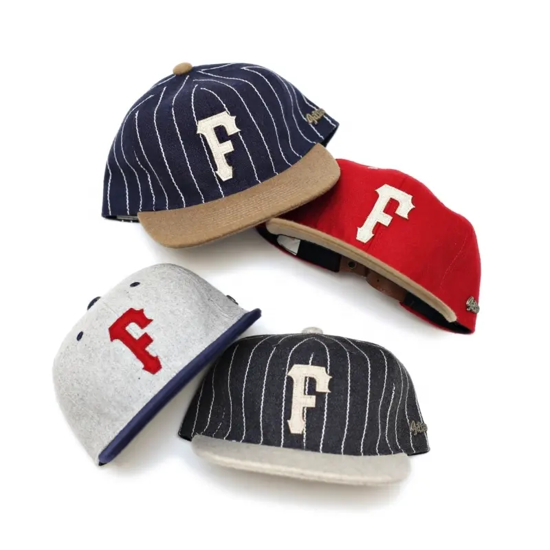 Hoge Kwaliteit Custom Oude Amerikaanse Baseball Cap Gestreepte Wol Heather Grey Snapback Caps Lederen Strapback Winter Caps