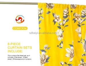 Desain baru 8 buah dicetak 100% poliester sprei pas ganda Microfiber Set seprai ukuran Queen Set tirai yang cocok