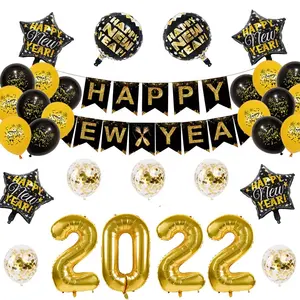 2022 Zwarte Goud Gelukkig Nieuwjaar Decoraties Set Voor Oudejaarsavond Party Decoraties Nieuwjaar Feestartikelen