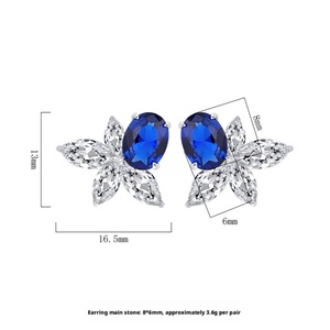 Dainty Fashion Jewelry Eco-friendly Copper Oval Cut 6*8mm <b>Blue</b> Zircon Statement <b>Blue</b> Stone Floral <b>Stud</b> <b>Earrings</b> for Women - Product Image 2