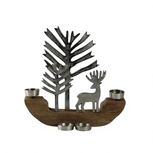Portavelas Rústico de Madera con Ciervo y Árboles Metálicos, Tema Forestal, Decoración de Mesa para el Hogar, Adornos Navideños de Invierno, Regalos - Product Image 1