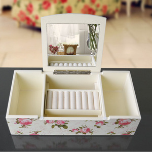 Wooden Jewelry <b>Box</b> Rectangle Flower Print <b>Mirror</b> Lid Storage Organizer For Desktop Use - Product Image 1