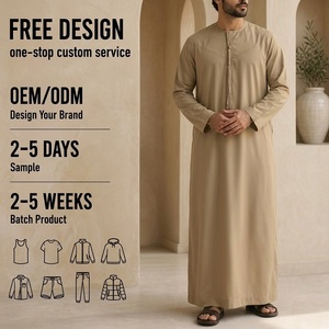Thobe musulman arabe pour homme, à manches longues, col rond, avec pompons, Jubbah, vêtement islamique, Kaftan décontracté, Robe du Moyen-Orient, <span class=keywords><strong>Dishdasha</strong></span> - Product Image 1