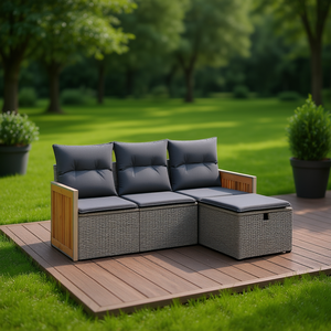 Ensemble de canapés modulaires de jardin en rotin gris avec coussins en mousse haute densité, mobilier d'extérieur au design contemporain - Product Image 2