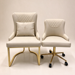 Ensemble de chaises de salon de manucure ergonomiques en PU beige de luxe de haute qualité, chaise client moderne + chaise de technicien pivotante réglable en hauteur - Product Image 5
