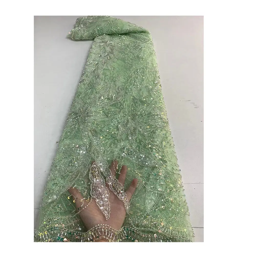 New Mint Green Lace Fabric With Beads And Sequins Pretty Embroidered Net Lace Fabric For Wedding Dress