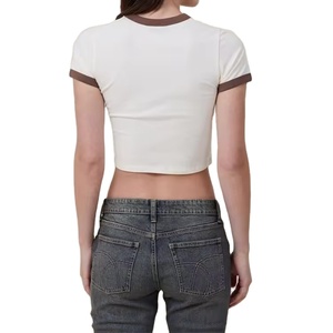 Wholesale Blank Tshirt Rib Trim Contrast <strong>Tan</strong> Color Baby <strong>Tee</strong> Cotton Spandex Ringer <strong>Tee</strong> Cropped Women's T Shirt - Product Image 4