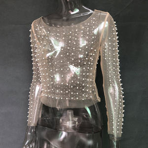 XS-3XL <strong>Plus</strong> <strong>Size</strong> Women Sexy <strong>Mesh</strong> See Through Crop <strong>Top</strong> Summer Long Sleeve Pearl Beading Shirt - Product Image 4