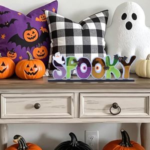 Décoration d'Halloween rustique en bois avec lettres textiles, pour intérieur, maison, bureau, motif fantôme, chauve-souris, yeux d'araignée, forme irrégulière, pièce unique - Product Image 3