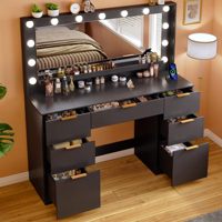Coiffeuse de maquillage avec miroir, plateau en verre noir, éclairage LED, 7 tiroirs, grand meuble de rangement en verre trempé, ensemble de coiffeuse pour chambre à coucher