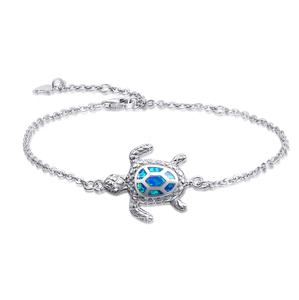 Tobillera personalizable de Plata de Ley 925, joyería de playa, brazalete con cadena de ópalo de fuego y tortuga marina - Product Image 1