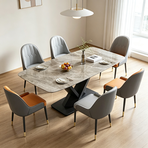 Ensemble de table à manger rectangulaire moderne en marbre avec 6 chaises en cuir PU, design minimaliste, meubles pour la maison - Product Image 1