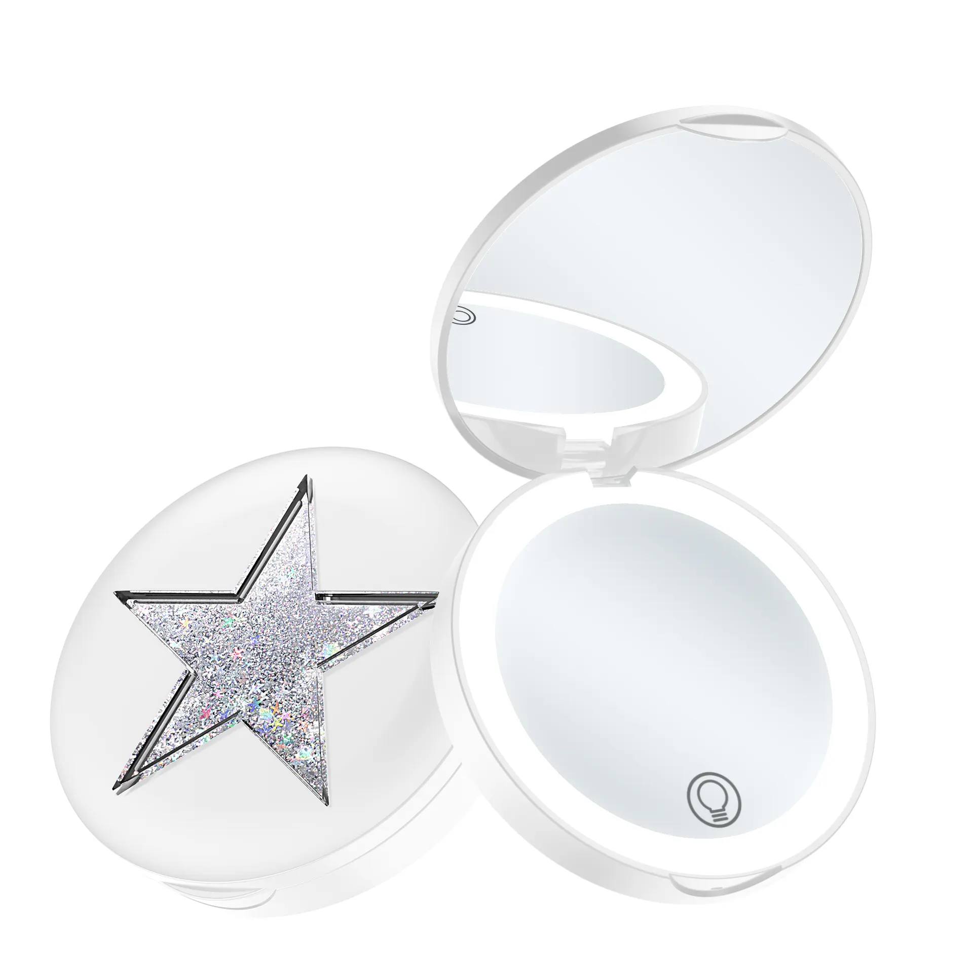 New Arrival Quicksand Moving Sand Compact Makeup Mirror with Lights Portable Travel Pocket Cosmetic Handheld Mirror