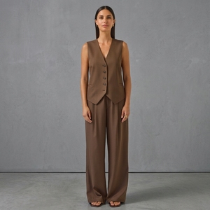 Conjunto <span class=keywords><strong>de</strong></span> <span class=keywords><strong>Traje</strong></span> Elegante <span class=keywords><strong>para</strong></span> Mujer, <span class=keywords><strong>Chaleco</strong></span> Marrón sin Mangas, Pantalones <span class=keywords><strong>de</strong></span> Pierna Ancha, Blazer <span class=keywords><strong>de</strong></span> Cuello en V con Cierre <span class=keywords><strong>de</strong></span> un Botón y Pantalones <span class=keywords><strong>de</strong></span> Cintura Alta <span class=keywords><strong>para</strong></span> Oficina - Product Image 1