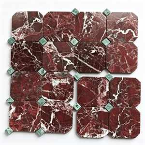 Mosaïque de marbre Rosso Levanto Octagon, dos en maille, 300x300mm, avec copeaux carrés de marbre vert pour décoration murale intérieure - Product Image 6
