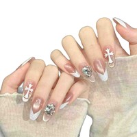 Ongles à presser en acrylique personnalisables en gros, style Y2K Gothique, motif croix 3D, forme amande, rose nude, œil de chat, French V, 10 pièces