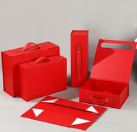 Boîte cadeau en papier pliable de luxe avec logo personnalisé, orange, magnétique, avec poignée en cuir, emballage rigide pliable