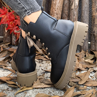 Bottes de combat à plateforme pour femmes, noires, à lacets, avec fermeture éclair latérale, doublure en polaire, semelle épaisse, chaussures tendance automne-hiver